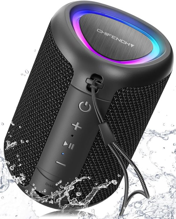 CHIFENCHY Portable Bluetooth Speaker with Lights, Powerful Crystal Clear Sound, IPX5 Waterproof