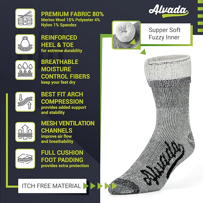 Alvada Merino Wool Hiking Socks Thermal Warm Crew Winter Boot Sock For Men & Women
