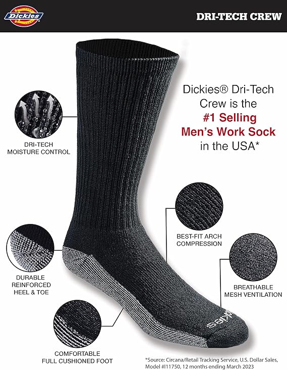 Dickies Men's Dri-Tech Moisture Control Crew Socks, Available in M-XXL