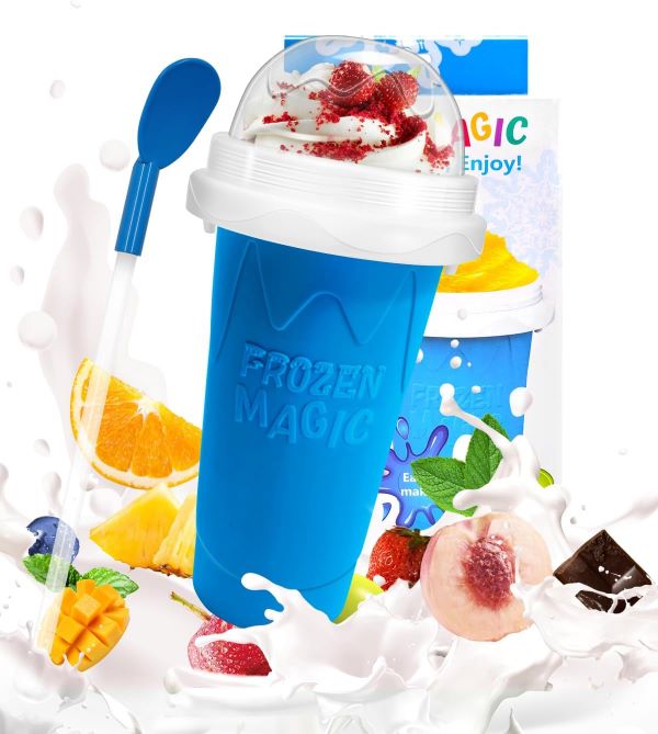 Qilebi Slushy Maker Cup, DIY Magic Slushy Maker Squeeze Cup, Portable Smoothie Squeeze Cup for Juices, Milk and Ice Cream Make, Double Layers Silica Cup with Lid & Straw for Kids, Friends, Family