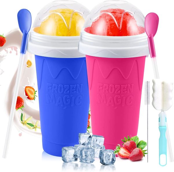Wiss Kitchen Slushie Cup 2 Pack, Quick Frozen Magic Slushy Cup, Reusable Modern Double Layer Slushie Maker Cup for Ice Cream, Milk, Juice Make, Slushy Cup with Straw & Spoon