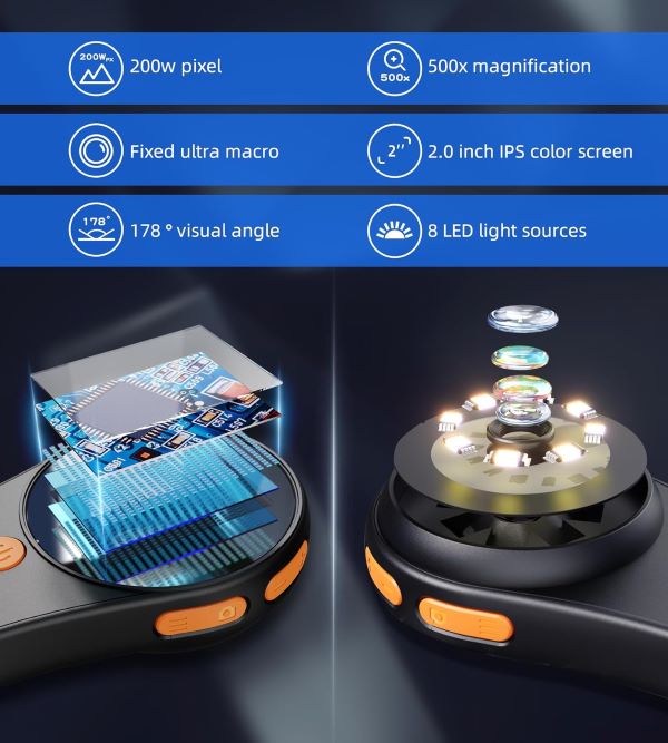 Discover the top digital macro microscope with 500x magnification, 2.0" IPS screen, 200w pixel resolution & 8 LED lights—perfect for electronics, coins, & more.