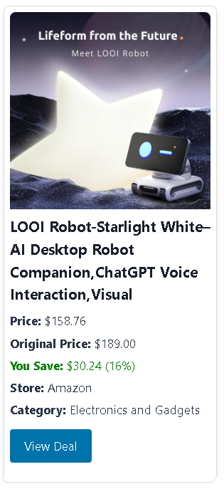Meet the LOOI Robot – Starlight White: an AI-powered desktop companion featuring ChatGPT voice interaction, visual recognition, memory, and personality. Designed to make your workspace smarter and more engaging, it also doubles as a 10W wireless charger and futuristic tech buddy for both productivity and fun.