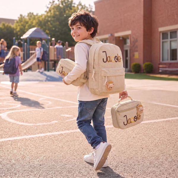 Personalized corduroy toddler backpack and matching insulated lunch bag by MamaRaya