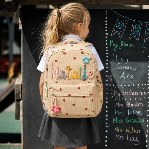 Personalized corduroy toddler backpack in soft pastel colors for preschool and daycare