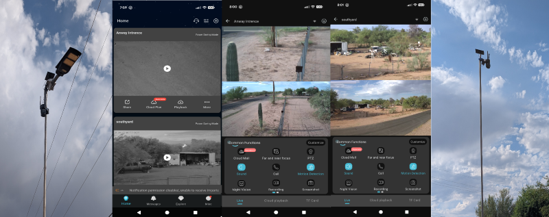 Hawkray solar security cameras installed outdoors with live daytime, night vision, and mobile app views